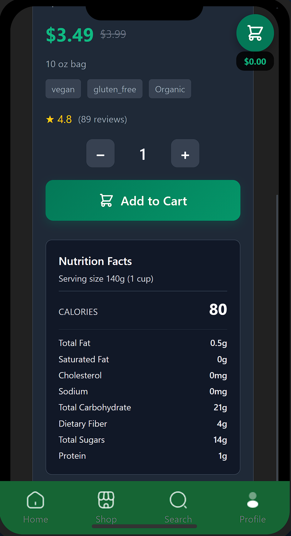 Product detail screen with pricing and nutrition