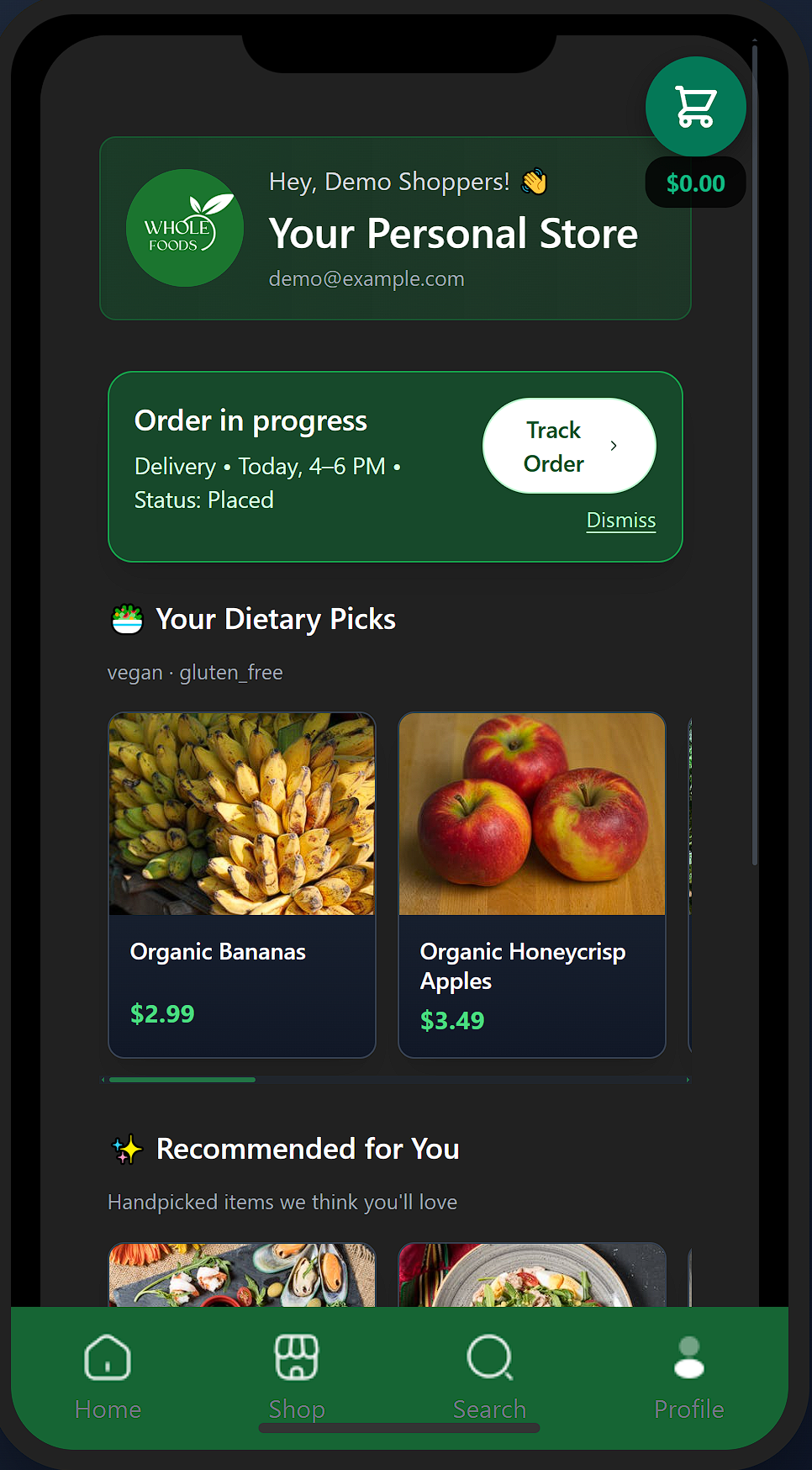 Home and shop layout with category chips and featured items